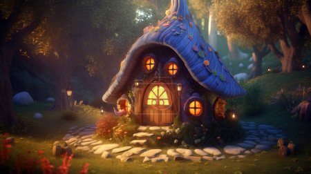 Téléchargez les photos : Maison confortable des elfes dans la forêt magique de nuit, les lumières sont allumées dans la maison - en image libre de droit