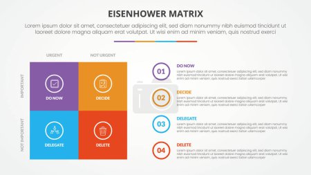Illustration for Eisenhower matrix template infographic concept for slide presentation with square matrix quadrant with circle outline text with 4 point list with flat style vector - Royalty Free Image