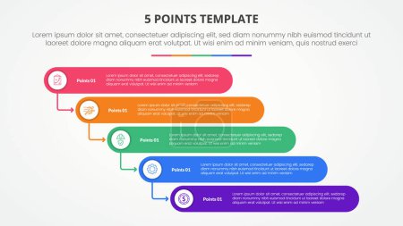 5 Punkte Bühnenvorlage Infografik-Konzept für Diapräsentation mit rundem Rechteck Stack Wasserfall-Stil mit 5-Punkte-Liste mit flachem Stil-Vektor
