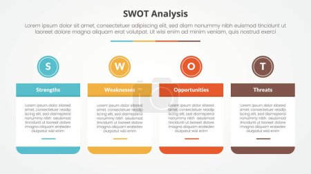 Téléchargez les illustrations : Swot business framework strategic template infographic concept for slide presentation with big table and circle header on top 4 point list with flat style vector - en licence libre de droit