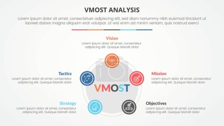 Illustration for Vmost analysis template infographic concept for slide presentation with pentagon or pentagonal shape with circle on edge with 5 point list with flat style vector - Royalty Free Image