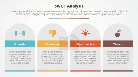 Téléchargez les illustrations : Swot business framework strategic template infographic concept for slide presentation with table rectangle and round top with 4 point list with flat style vector - en licence libre de droit