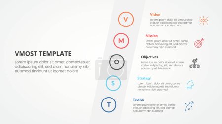 Illustration for Vmost analysis template infographic concept for slide presentation with tilt sideways content vertical with 5 point list with flat style vector - Royalty Free Image