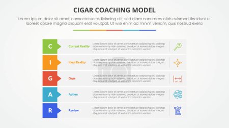 Illustration for Cigar coaching model infographic concept for slide presentation with rectangle stack callout badge header with 5 point list with flat style vector - Royalty Free Image