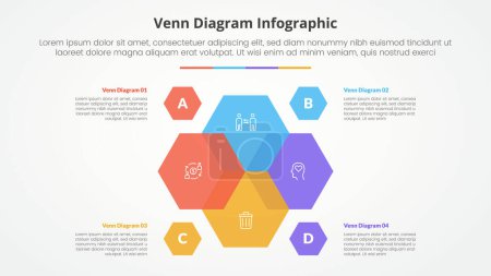 venn diagram infographic concept for slide presentation with hexagon shape center flower with 4 point list with flat style vector