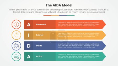 AIDA marketing model infographic concept for slide presentation with long rectangle with arrow edge with 4 point list with flat style vector
