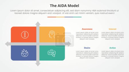 AIDA marketing model infographic concept for slide presentation with matrix structure with arrow shape divider with 4 point list with flat style vector