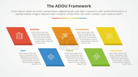Concepto infográfico de marco AEIOU para presentación de diapositivas con rectángulo sesgado con lista de 5 puntos con vector de estilo plano