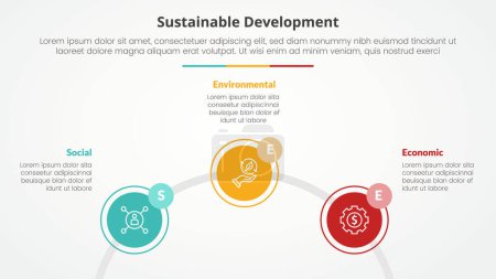 VER Concepto infográfico de desarrollo sostenible para presentación de diapositivas con contorno circular en semicírculo con lista de 3 puntos con vector de estilo plano