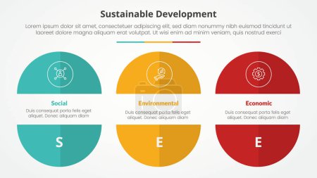 SEE sustainable development infographic concept for slide presentation with big circle cut truncated half slice with 3 point list with flat style vector