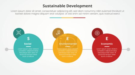 VER Concepto infográfico de desarrollo sostenible para presentación de diapositivas con círculo grande con insignia de círculo pequeño en lado con lista de 3 puntos con vector de estilo plano