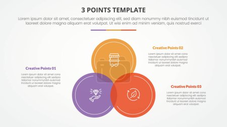 3 Punkte Bühnenvorlage Infografik-Konzept für Diapräsentation mit venn Kreismitte mit 3 Punkte Liste mit flachem Stil-Vektor