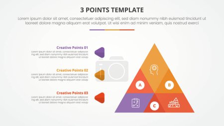 3 points stage template infographic concept for slide presentation with venn blending pyramid triangle shape with 3 point list with flat style vector