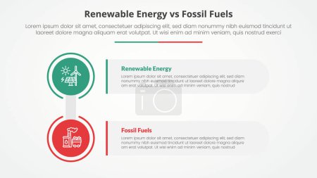 Ilustración de Energía renovable frente a combustibles fósiles o comparación no renovable frente al concepto infográfico para presentación de diapositivas con gran pila de círculos y rectángulos con vector de estilo plano - Imagen libre de derechos