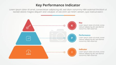 KPI Key Performance Indicator Modell Infografik-Konzept für Diapräsentation mit runder Pyramide und Linienzeiger mit 3-Punkte-Liste mit flachem Stilvektor