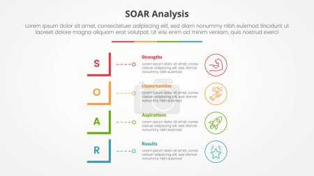 Concepto infográfico de análisis SOAR para presentación de diapositivas con pila vertical de forma cuadrada modificada con lista de 4 puntos con vector de estilo plano