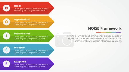 Modèle d'analyse du bruit concept infographique pour la présentation de diapositives avec flèche rectangulaire longue direction droite avec liste de 5 points avec vecteur de style plat