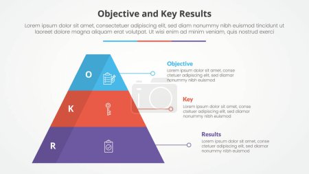 OKR objectives and key results framework infographic concept for slide presentation with pyramid shape with 3d shadow badge with 3 point list with flat style vector