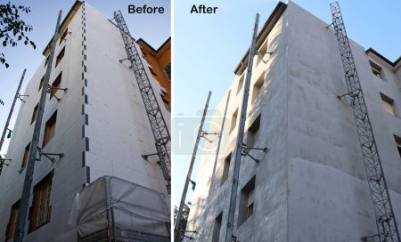 Téléchargez les photos : Insulating panels of molded expanded polystyrene covered before treatment and painting. Energy efficiency building renovation for energy saving. Before and after comparison. - en image libre de droit