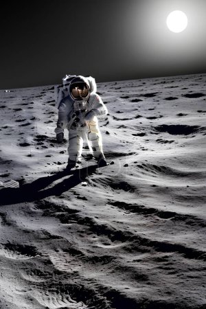 Astronaut walking on the moon. Sun on the background. 