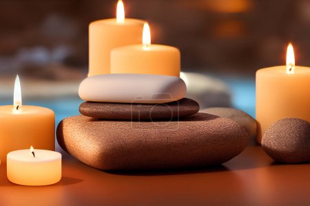 Beautiful spa setting with candles and hot stones on wooden background. Beauty wellness center treatment and relax concept. 