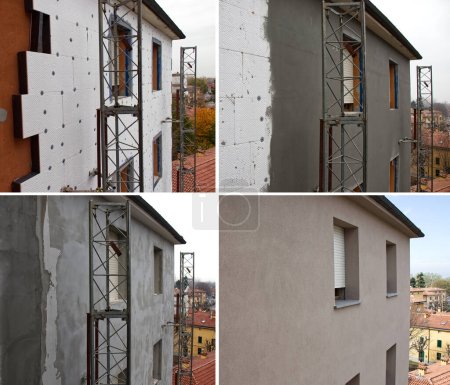 Renovación de la pared del edificio de eficiencia energética para ahorrar energía en diferentes puntos de construcción. Paneles aislantes de poliestireno expandido moldeado cubierto. Bolonia, Italia.