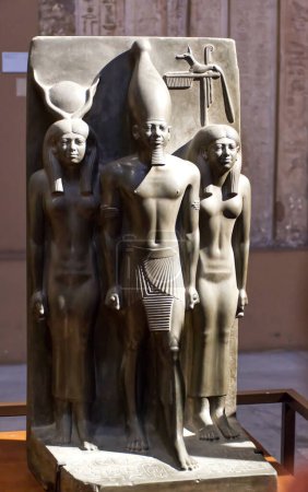 Photo for Cairo, Egypt - March 18, 2023: Statue of King Menkaura, goddess Hathor and Bat. The Egyptian Museum in Cairo. - Royalty Free Image