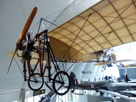 Photo for Hendon, London - England, UK - June 29, 2014: Royal Air Force (RAF) Museum. Real historic aircrafts from all over the world. In foreground a French Bleriot. - Royalty Free Image