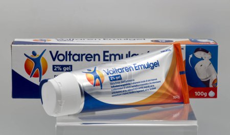 Photo for Bologna - Italy - March 20, 2024: Voltaren Emulgel by Haleon anti-inflammatory gel for post-traumatic symptoms. - Royalty Free Image