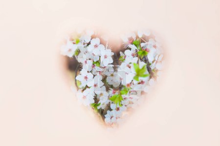 Téléchargez les photos : Spring greeting card. Flowering branch on background of sky in heart - en image libre de droit