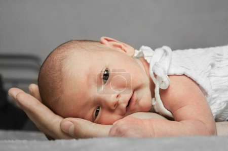 Photo for Newborn baby on parents hand close up and copy space. Happy Mothers Day, Fathers Day. - Royalty Free Image