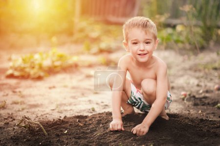 Photo for Toddler boy planting plant in ground - Royalty Free Image