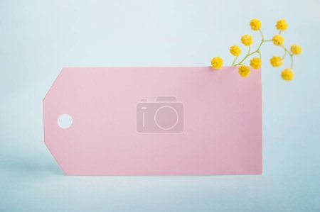 Foto de Feliz Día de la Mujer. Feliz 8 de marzo tarjeta de felicitación. Etiqueta rosa y ramas mimosa sobre fondo azul. - Imagen libre de derechos