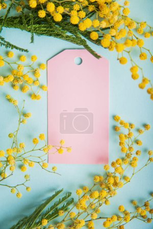 Foto de Happy Women's Day. Happy March 8 greeting card. Pink tag and mimosa branches on blue background. - Imagen libre de derechos