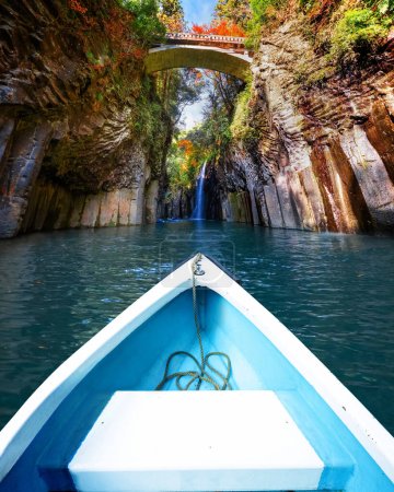 Takachiho Gorge in Miyazaki, Japan is a narrow chasm cut through the rock by the Gokase River, plenty activities for tourists such as rowing and trekking through beautiful nature