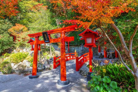 Téléchargez les photos : Sanctuaire Hakuryu Inari Okami (White Dragon Inari Okami) à Umi Jigoku source chaude à Beppu, Oita, l'une des stations thermales les plus célèbres du Japon - en image libre de droit
