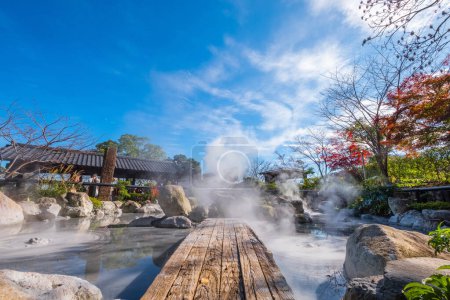 Photo for Beppu, Japan - Nov 25 2022: Oniishibozu Jigoku hot spring in Beppu, Oita. The town is famous for its onsen (hot springs). It has 8 major geothermal hot spots, referred to as the "eight hells of Beppu" - Royalty Free Image