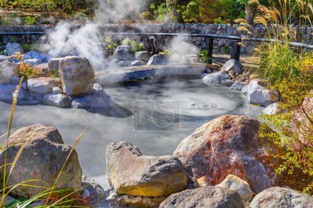 Photo for Oniishibozu Jigoku hot spring in Beppu, Oita, Japan. The town is famous for its onsen (hot springs). It has 8 major geothermal hot spots, referred to as the "eight hells of Beppu" - Royalty Free Image