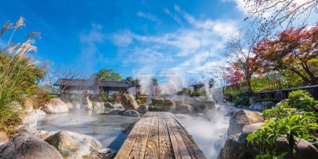 Photo for Oniishibozu Jigoku hot spring in Beppu, Oita. The town is famous for its onsen (hot springs). It has 8 major geothermal hot spots, referred to as the "eight hells of Beppu" - Royalty Free Image