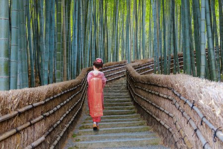 Téléchargez les photos : Les jeunes geishas japonaises se promènent près de la forêt de bambous au temple Adashino Nenbutsuji à Kyoto, Japon - en image libre de droit