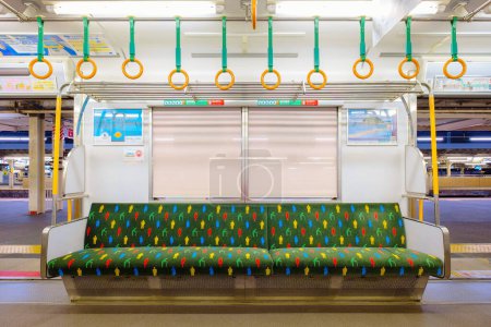 Photo for Kyoto, Japan - March 31 2023: An empty priority seat on a local train in Kyoto - Royalty Free Image