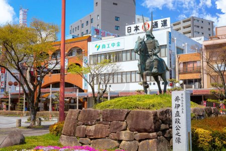 Photo for Ii Naomasa was a general under the Sengoku period, regarded as one of the Four Guardians of the Tokugawa, his statue located in front of Hikone station in Shiga prefecture - Royalty Free Image