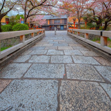 Puente Tatsumi bashi cruza el río Shirakawa es el lugar emblemático del distrito de Gion en Kyoto, Japón