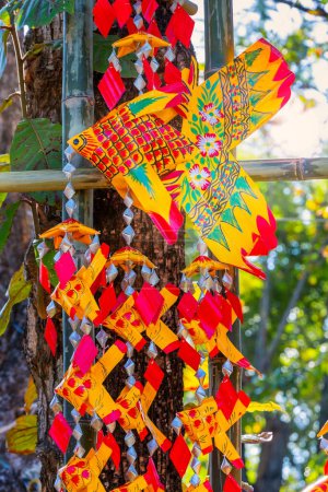 A school of Thai traditional colorful  mobile woven carp