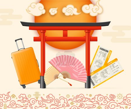 Ilustración de Realista detallado 3d Japón Viajes y Turismo Concepto Antecedentes. Ilustración vectorial de la famosa puerta Torii roja tradicional y equipaje - Imagen libre de derechos