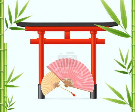 Ilustración de Concepto de Japón con elementos 3D detallados realistas incluyen la puerta Torii roja tradicional japonesa, brotes de bambú y abanicos de mano. Ilustración vectorial - Imagen libre de derechos