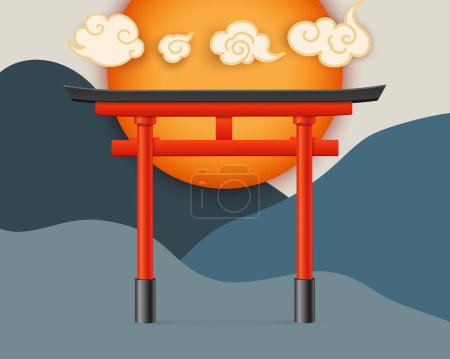 Ilustración de Concepto de Japón con elementos 3D detallados realistas incluyen la puerta Torii roja tradicional japonesa y la escena abstracta del paisaje. Ilustración vectorial - Imagen libre de derechos