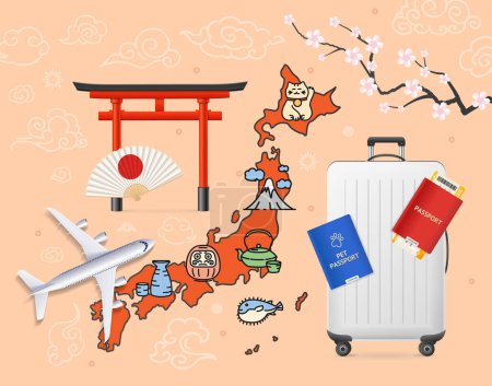 Ilustración de Realista detallado 3d Japón Viajes y Turismo Concepto Antecedentes. Ilustración vectorial del mapa y la puerta Torii roja tradicional japonesa - Imagen libre de derechos