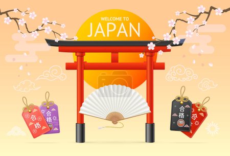 Ilustración de Realista detallado 3d Japan Travel and Tourism Ads Banner Concept Poster Card. Ilustración vectorial de la puerta Torii roja tradicional japonesa y la rama Sakura floreciente con flores. - Imagen libre de derechos