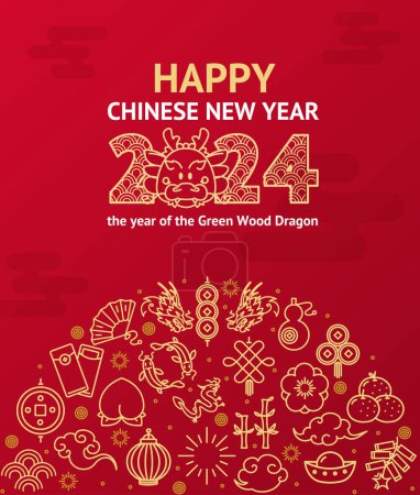 Bonne année chinoise 2024 de la carte de bannière de souhaits Dragon en bois vert avec des icônes de ligne mince. Illustration vectorielle